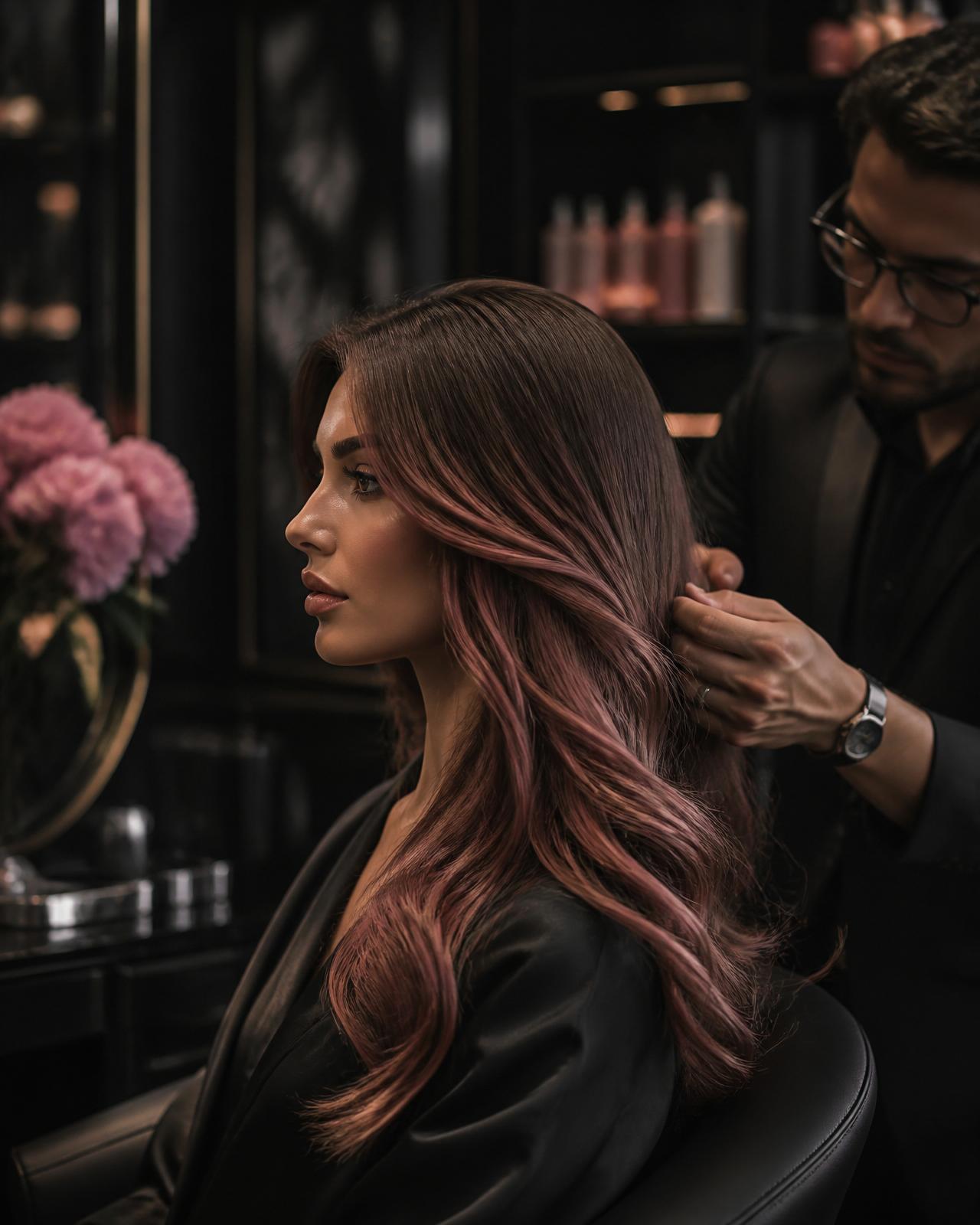 Woman with couture pink balayage in luxury colour atelier